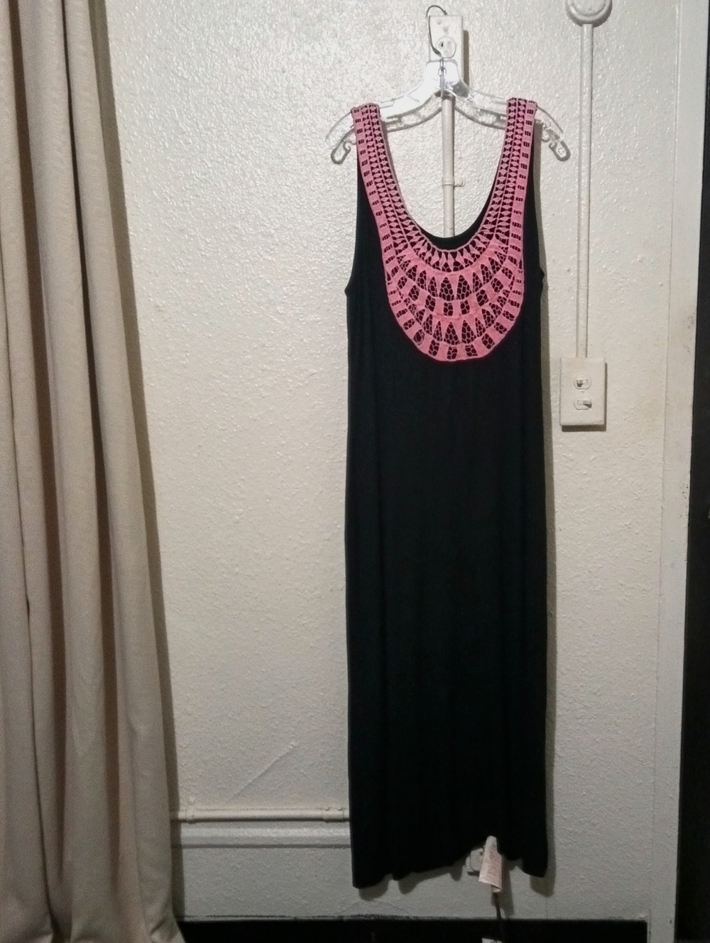 Moa Moa Sleeveless Black Maxi Dress with Pink Embroidered Yoke
